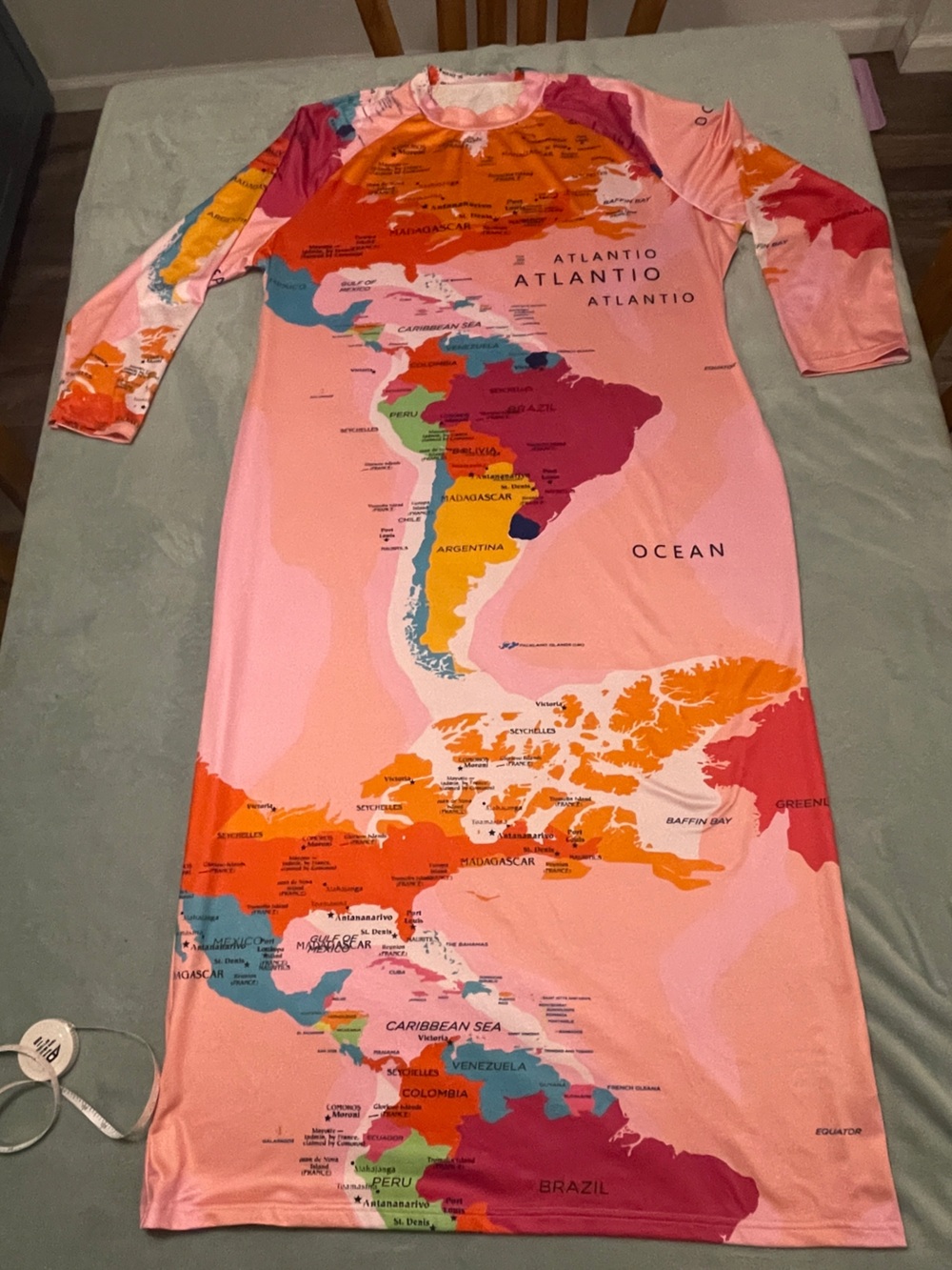 Map-Print Pink Maxi Dress with Long Sleeves